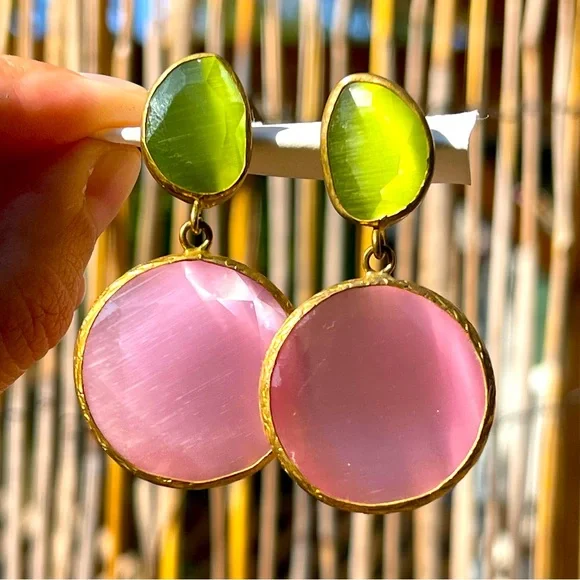Pink and green stone Gold Drop dangle Earrings artisan vintage - Picture 5 of 11